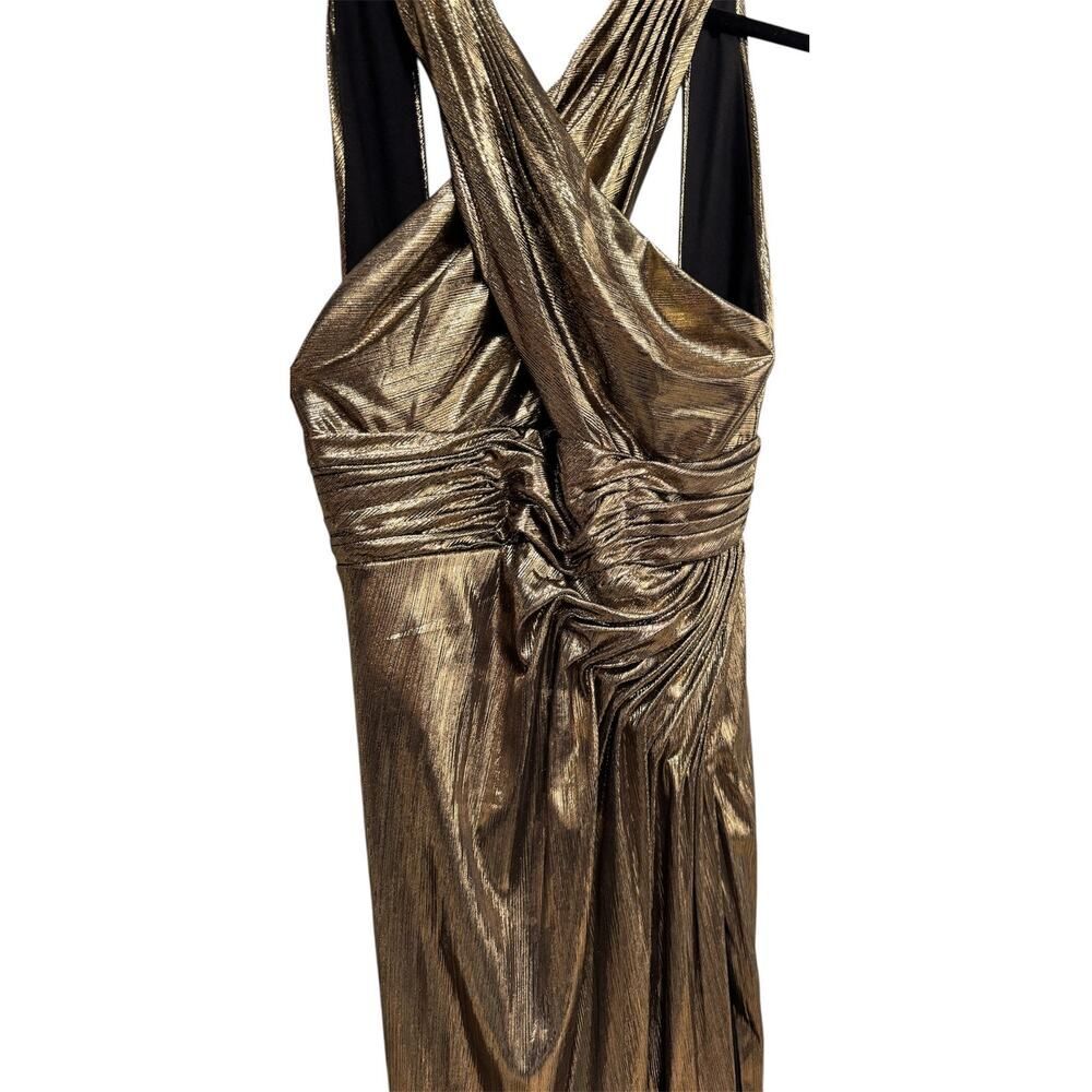 Mac Duggal Metallic Gold Halter Ruched High-Slit Mini Dress - Picture 6 of 7